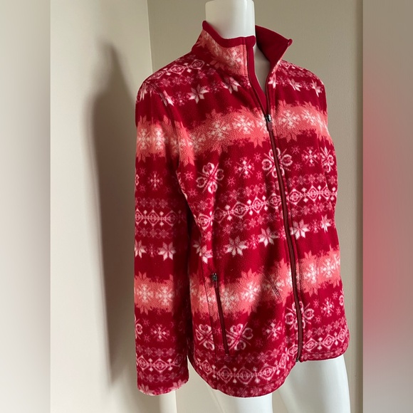 Talbots Fleece Jacket Red White Snowflake Full Zip Cozy Soft Size Large - Picture 3 of 13